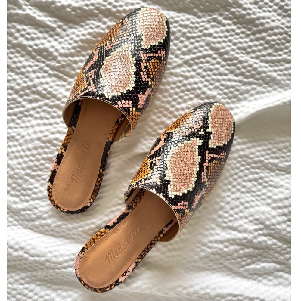 Madewell Pink Snake-Print Leather Mules